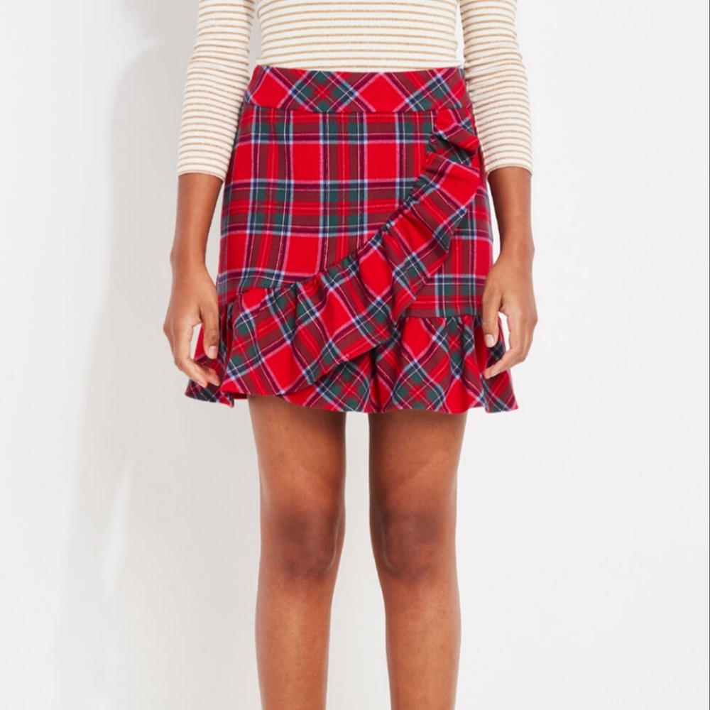 NWT Vineyard Vines Tartan Red Velvet Lurex Ruffled Skirt Size 2 Red Plaid Tartan
